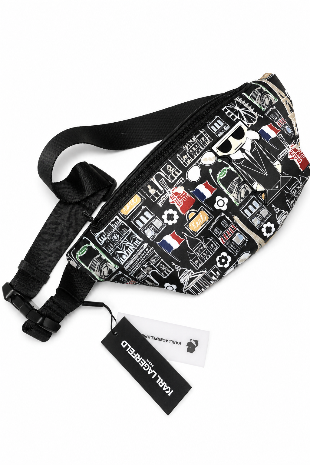 Karl Lagerfel Black and White Graphic Belt Bag